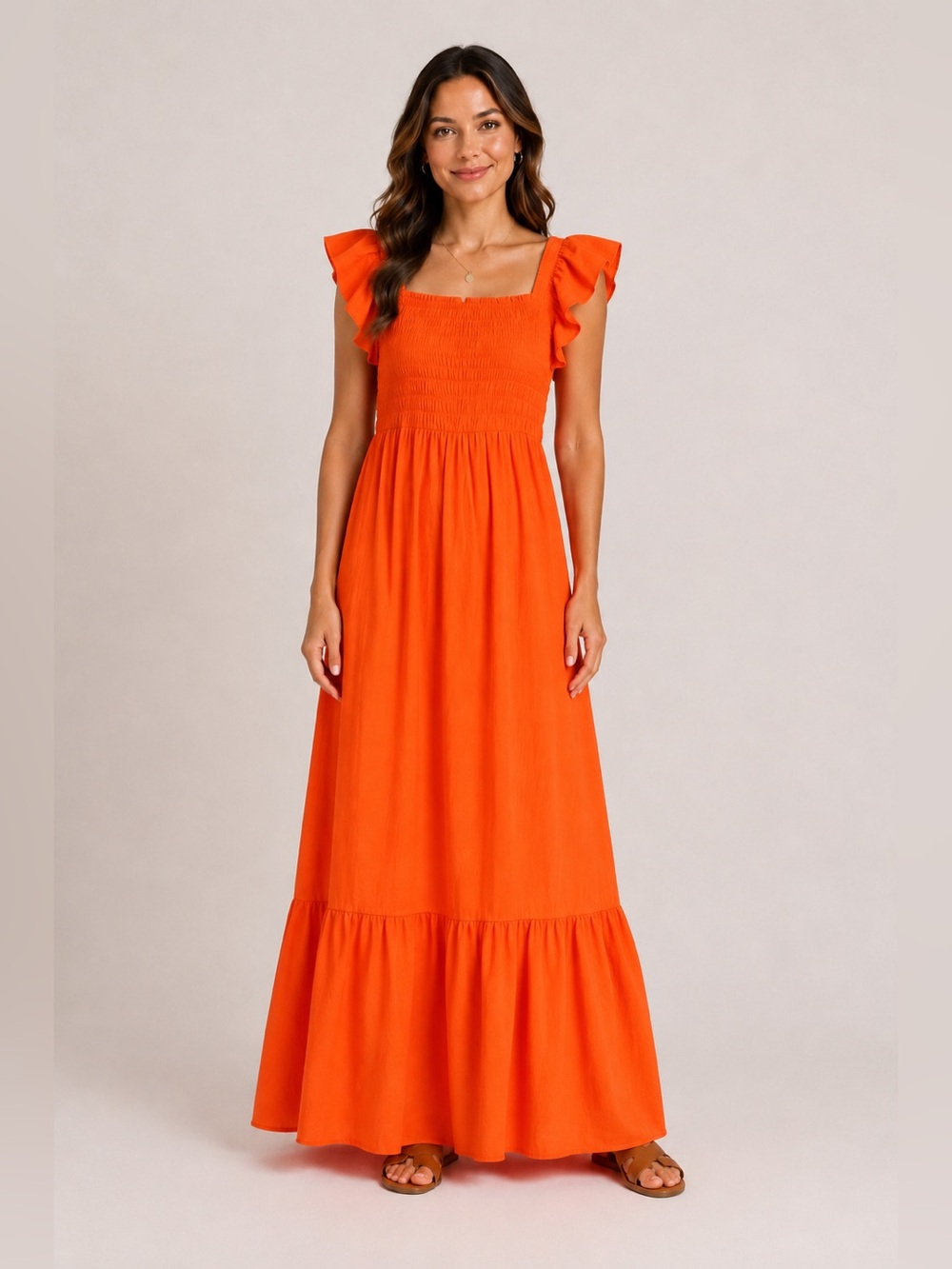 Flutter Sleeve Smocked Maxi Dress - Orange